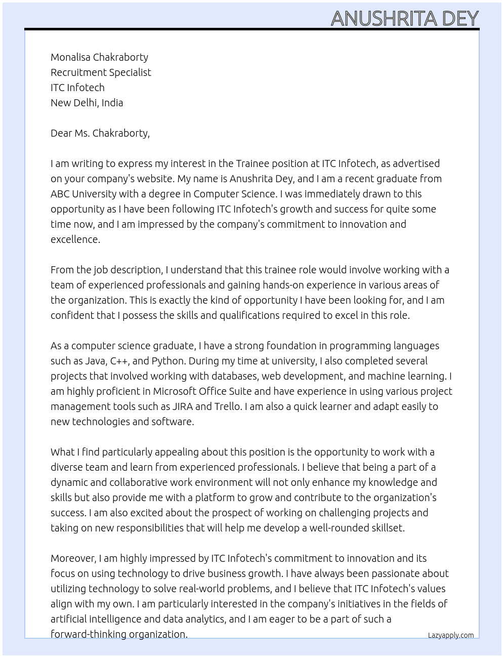 Trainee At ITC Infotech Cover Letter