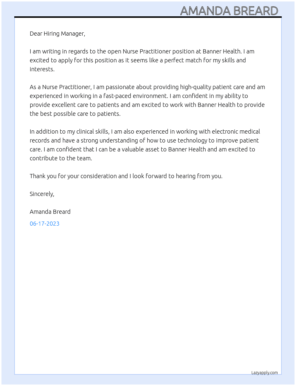 Nurse Practitioner At Banner Health Cover Letter