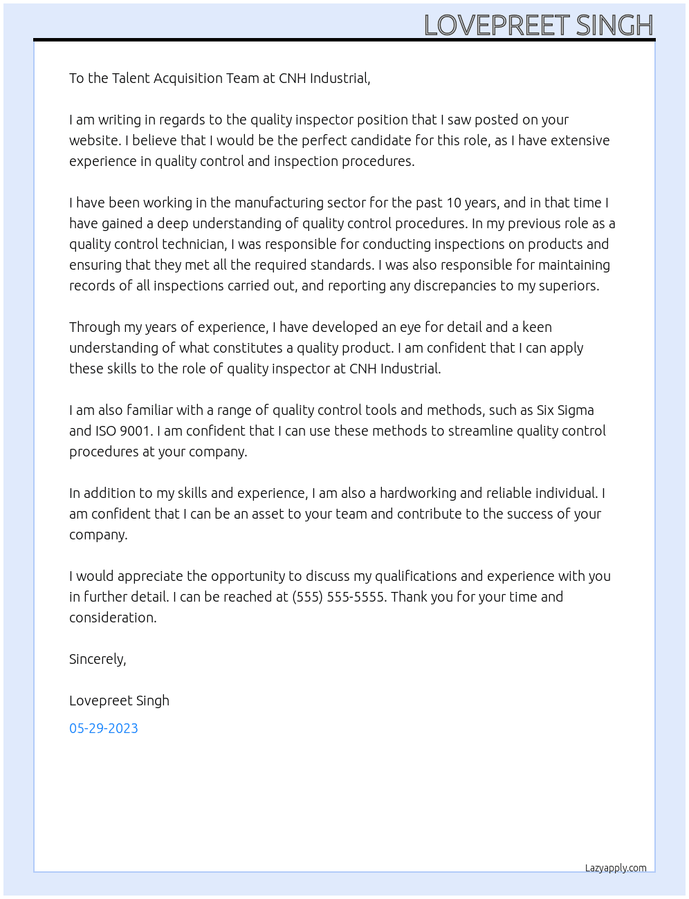 quality inspector At CNH Industrial Cover Letter