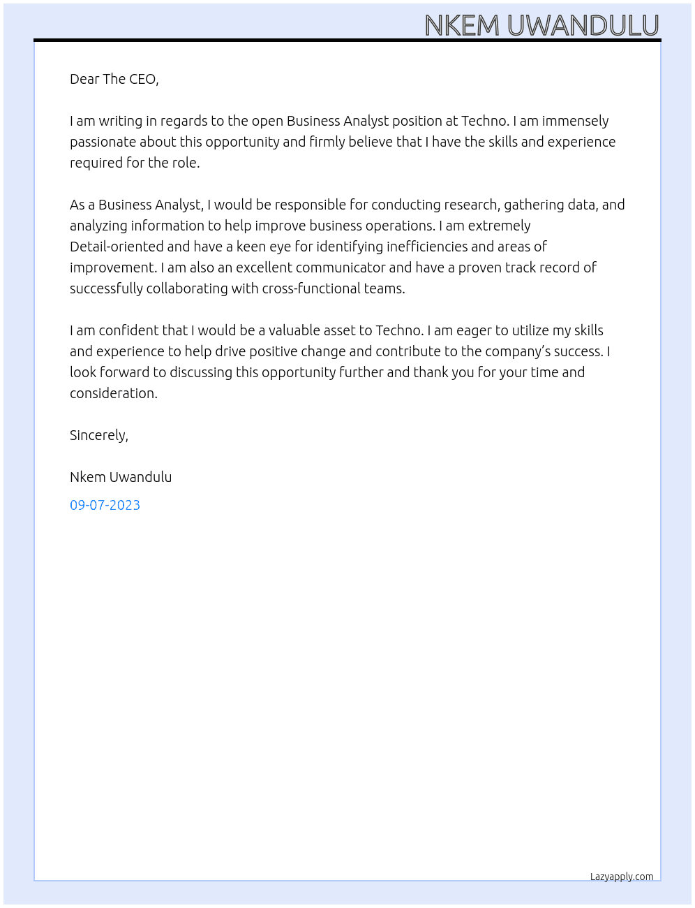 Business Analyst At Techno Cover Letter