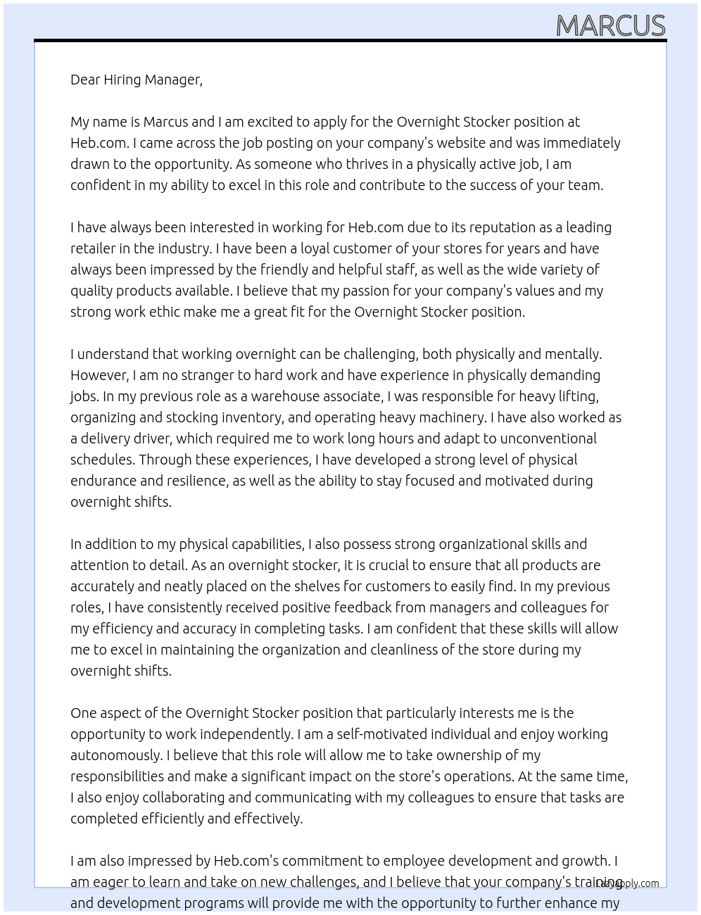 Overnight stocker At Heb.com Cover Letter