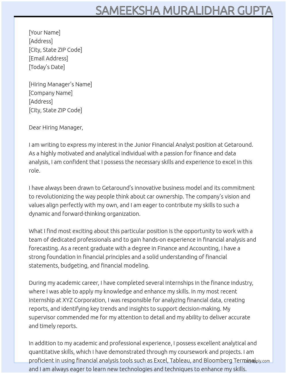 Junior Financial Analyst At Getaround Cover Letter