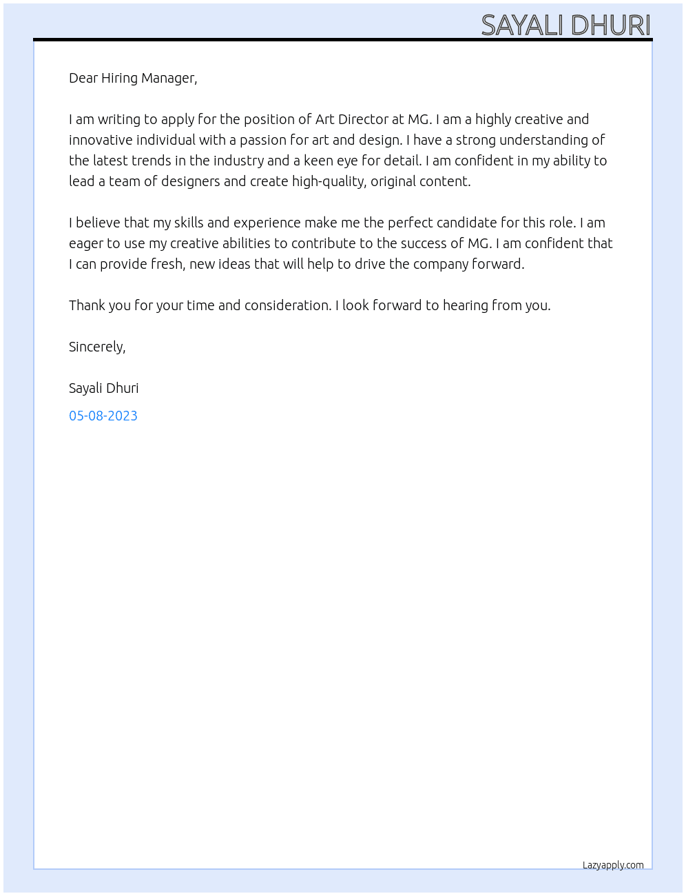 Art Director At MG Cover Letter