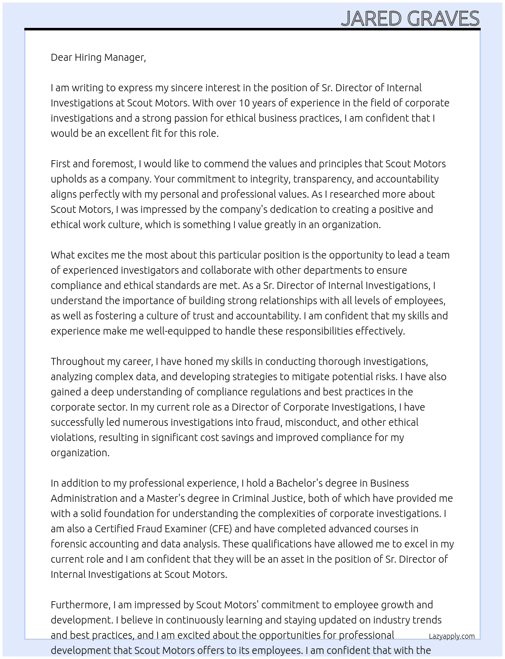 Sr. Director of Internal Investigations At Scout Motors Cover Letter
