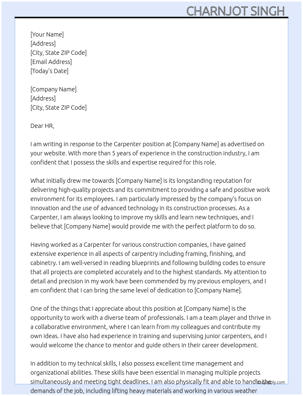 Carpenter  At Any company  Cover Letter