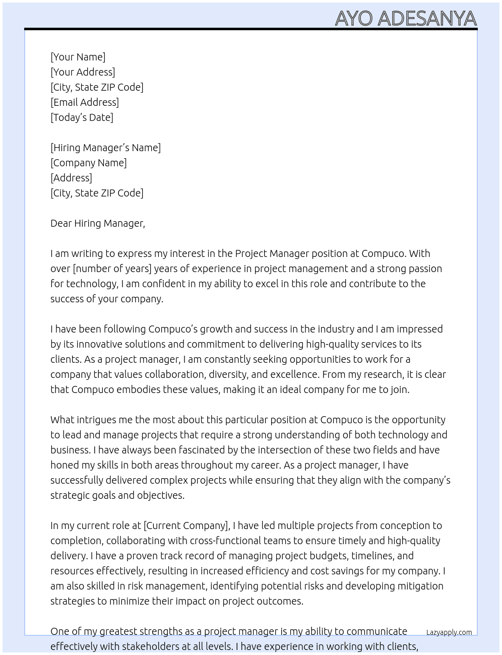 Project manager At Compuco Cover Letter
