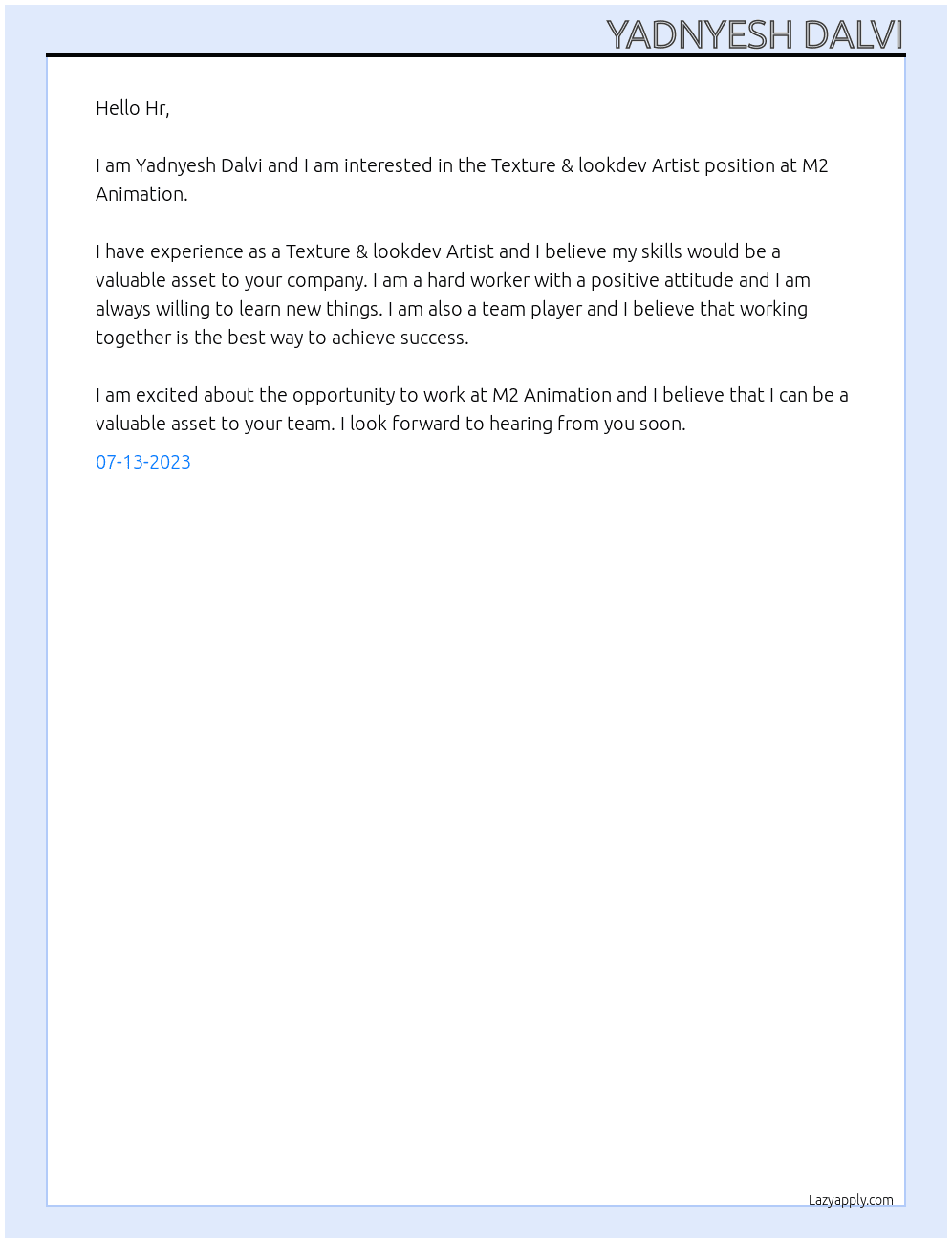 Texture & lookdev Artist At M2 Animation Cover Letter