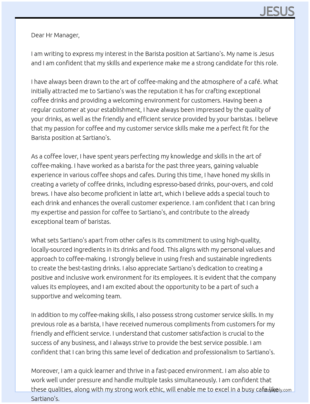 Barista At Sartiano's Cover Letter