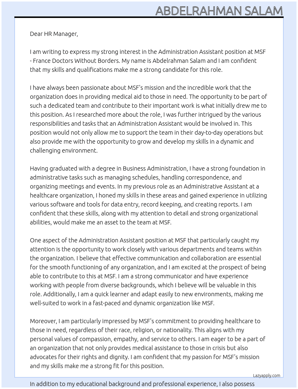  Administration Assistant At MSF - France Doctors Without Borders  Cover Letter