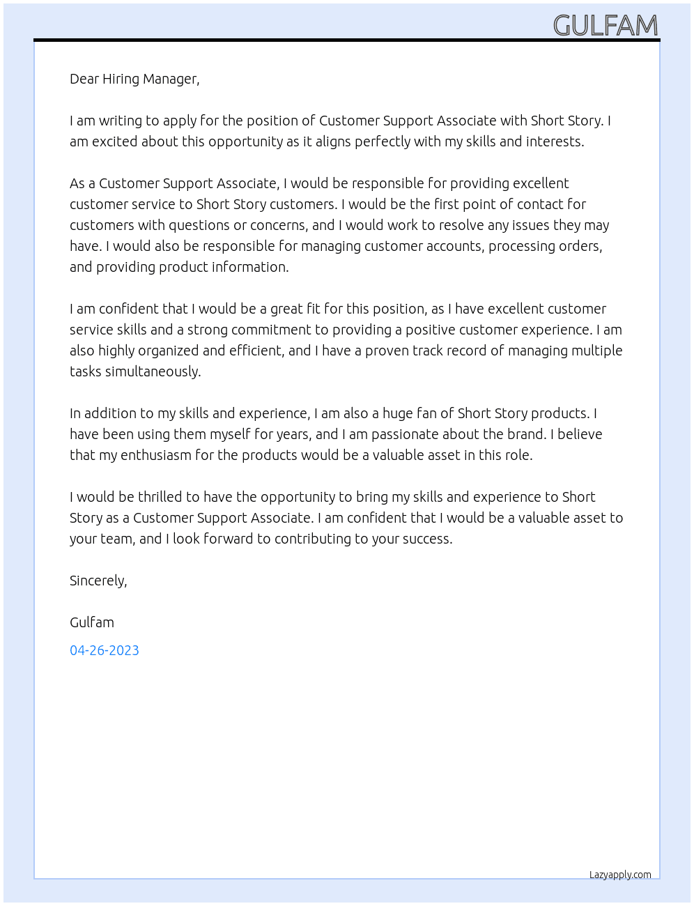 Customer Support Associate At Short Story Cover Letter