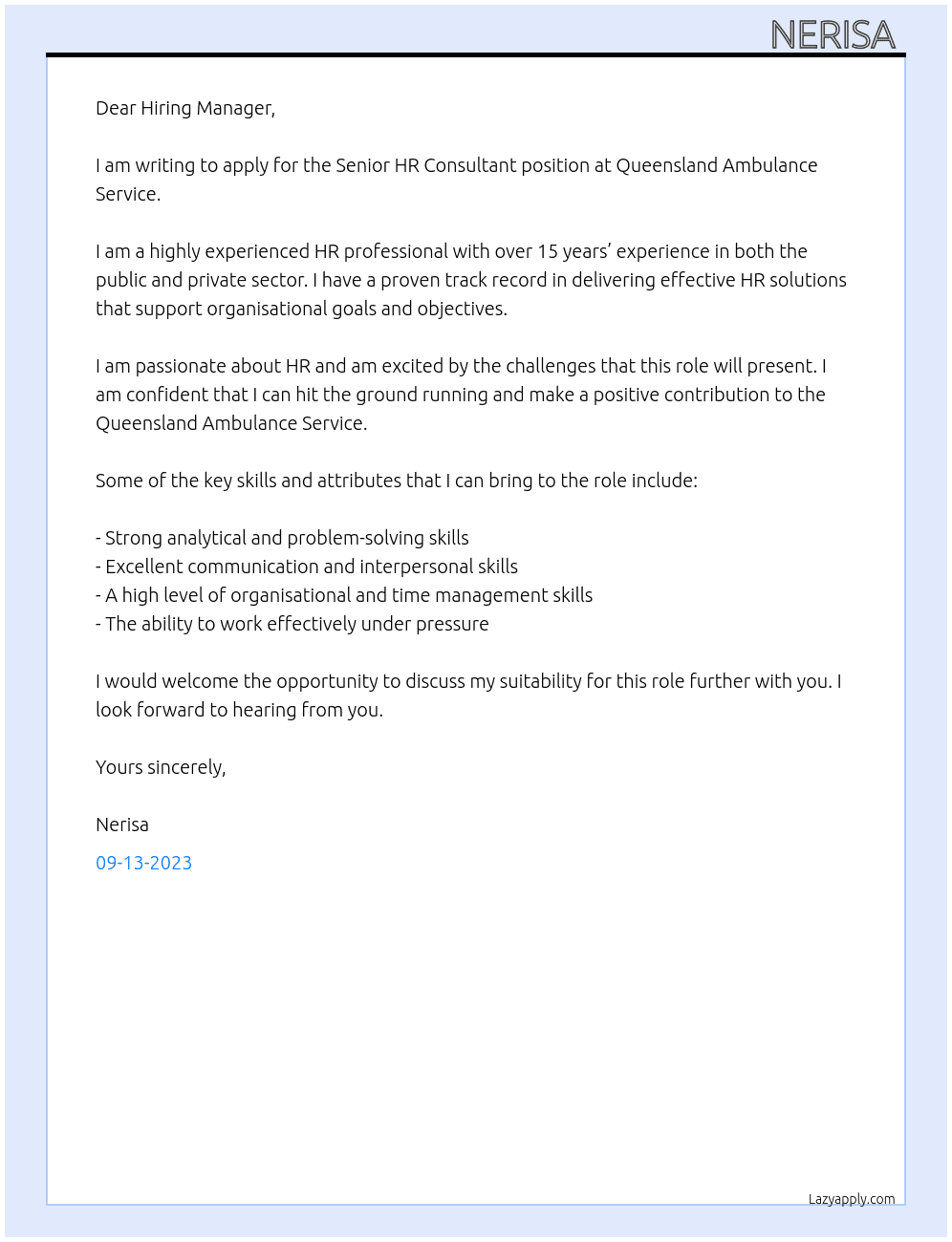 Senior HR consultant  At Queensland Ambulance Service  Cover Letter