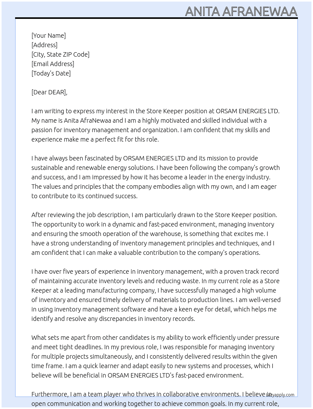 STORE KEEPER At  ORSAM ENERGIES LTD Cover Letter