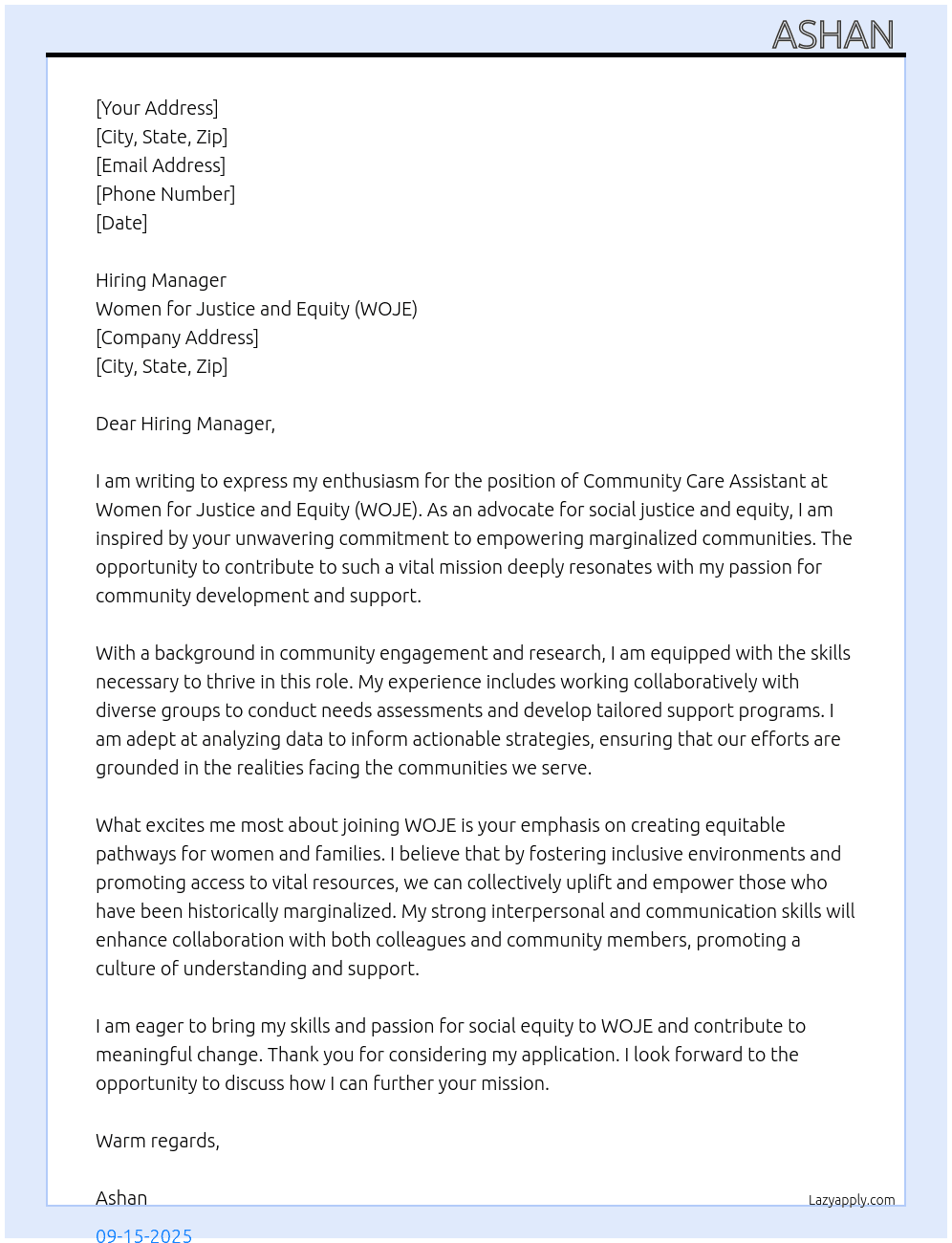 Cover letter for community care assistant - LazyApply