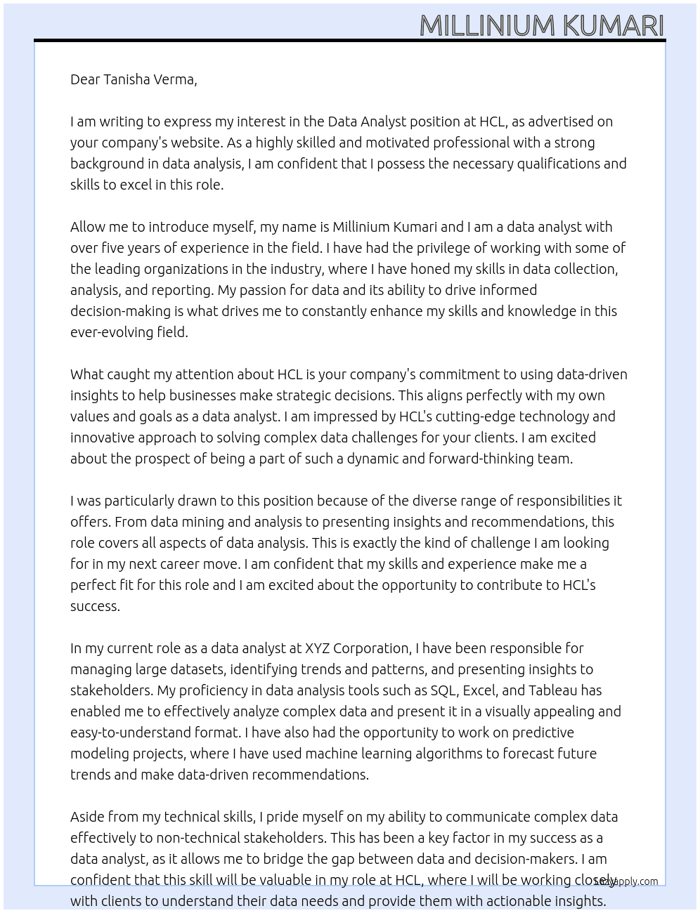 Cover letter for data analst - LazyApply