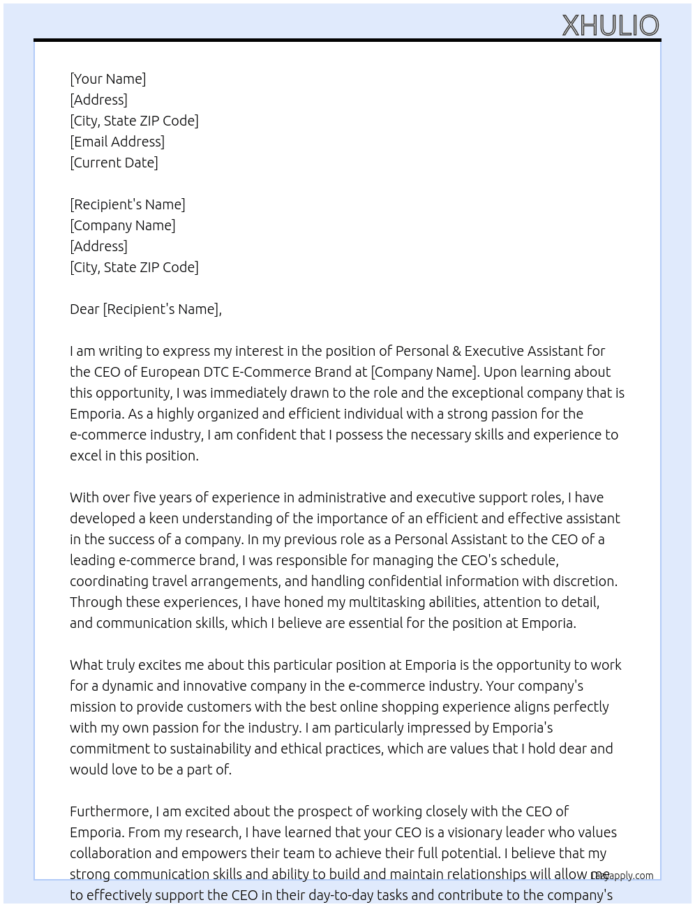 Personal & Executive Assistant for CEO of European DTC E-Commerce Brand At Emporia Cover Letter