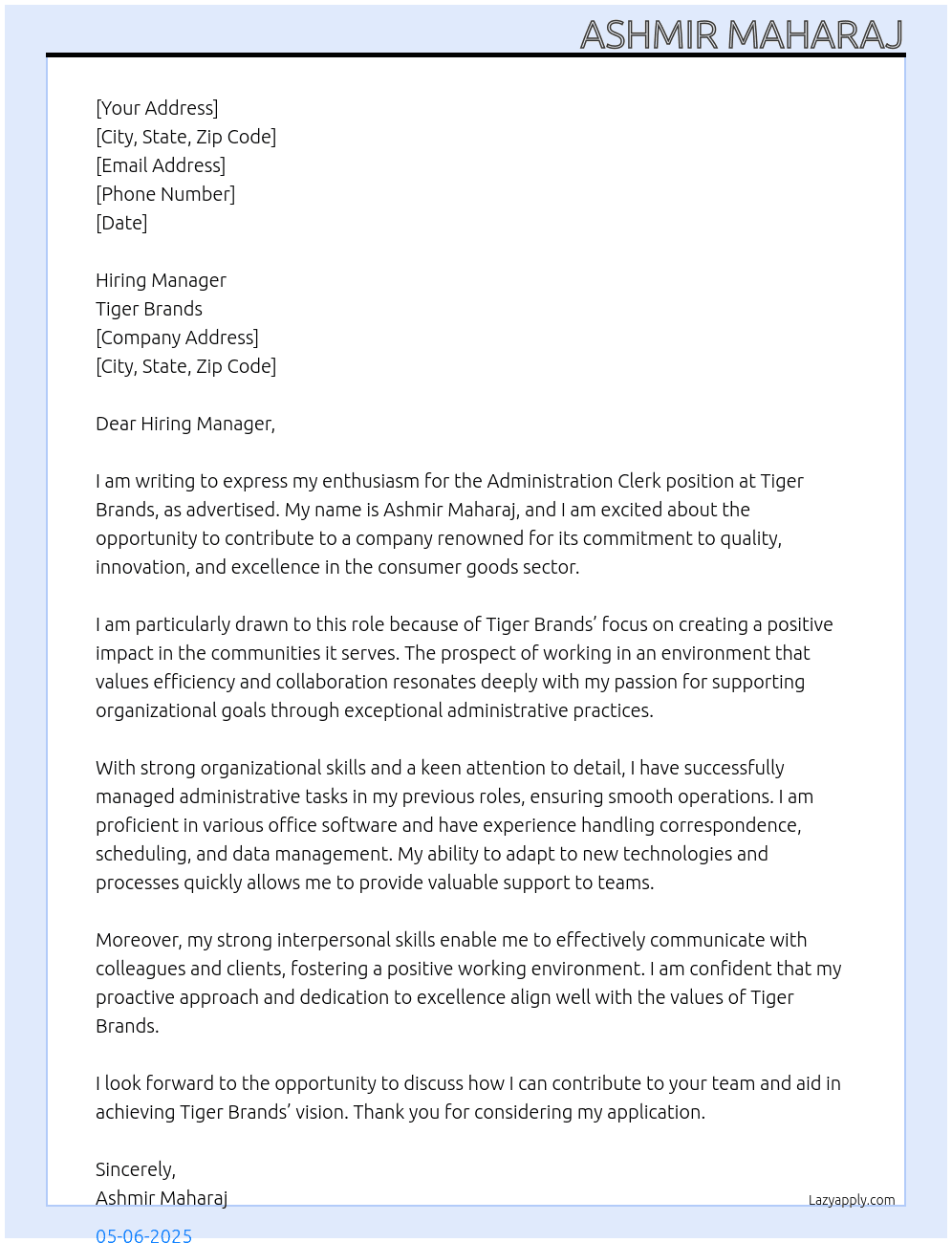 Administration Clerk At Tiger Brands  Cover Letter