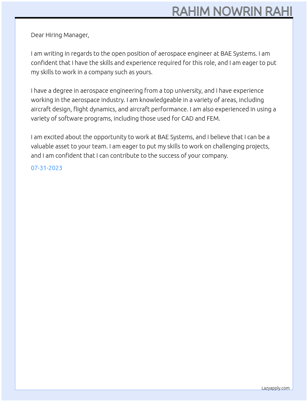 aerospace engineer At BAE system Cover Letter