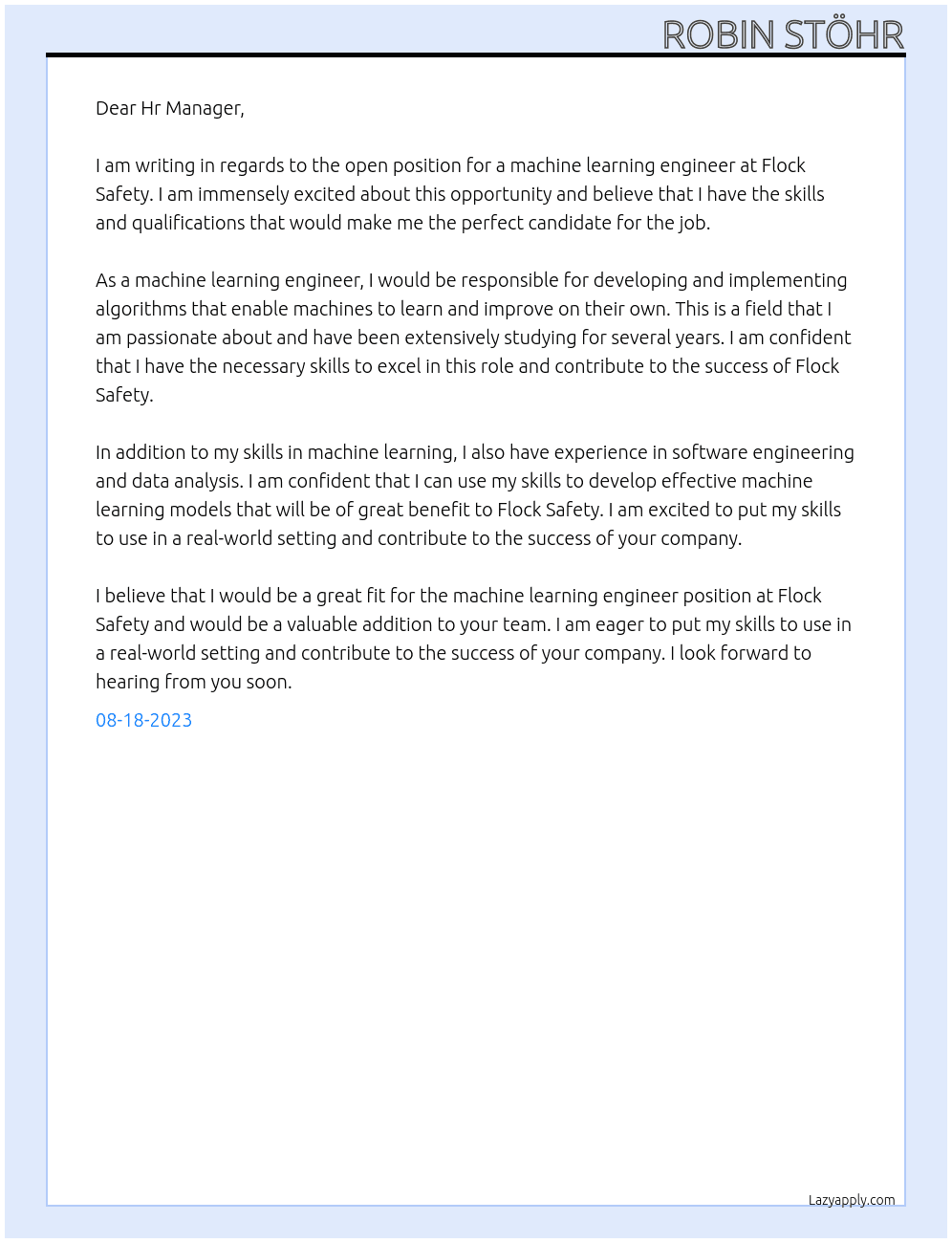 Machine Learning Engineer At Flock Safety Cover Letter