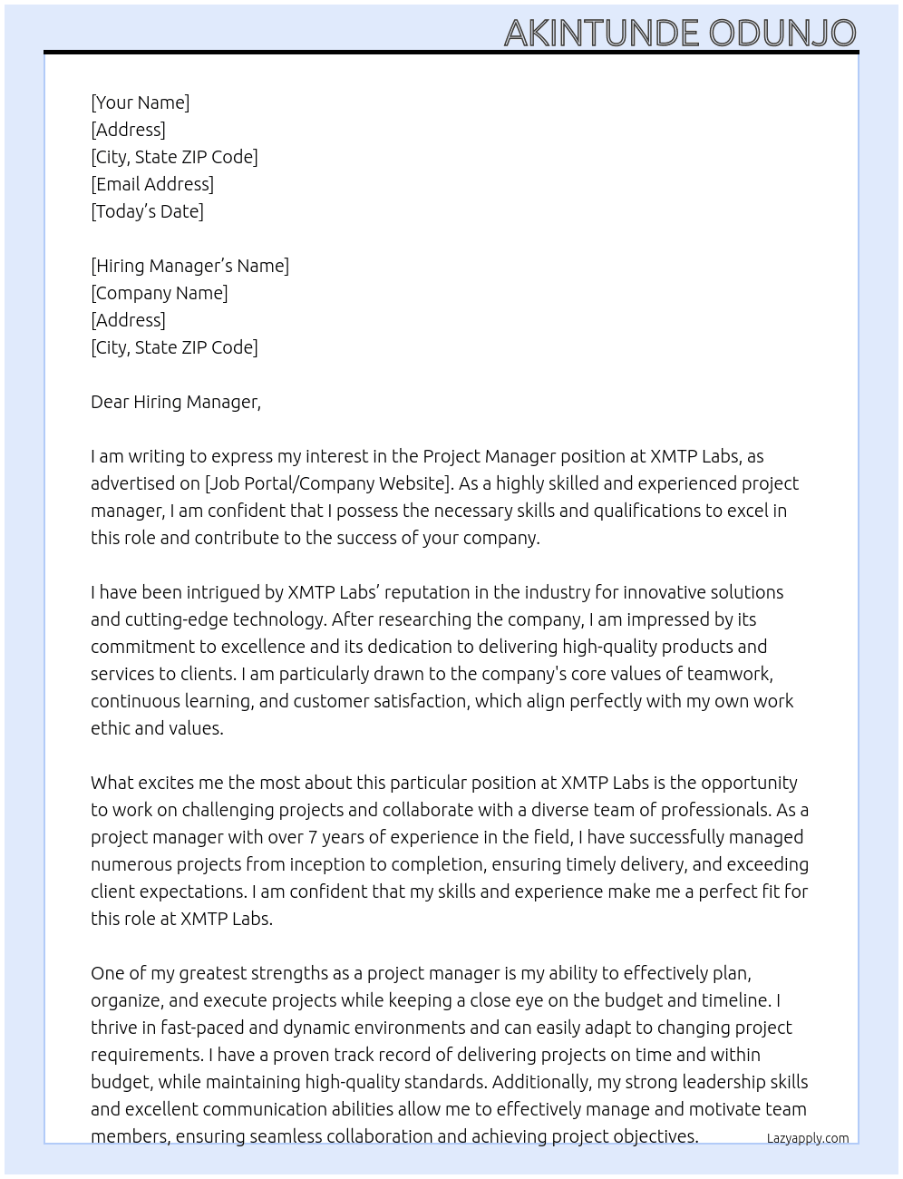 Project Manager At XMTP Labs Cover Letter