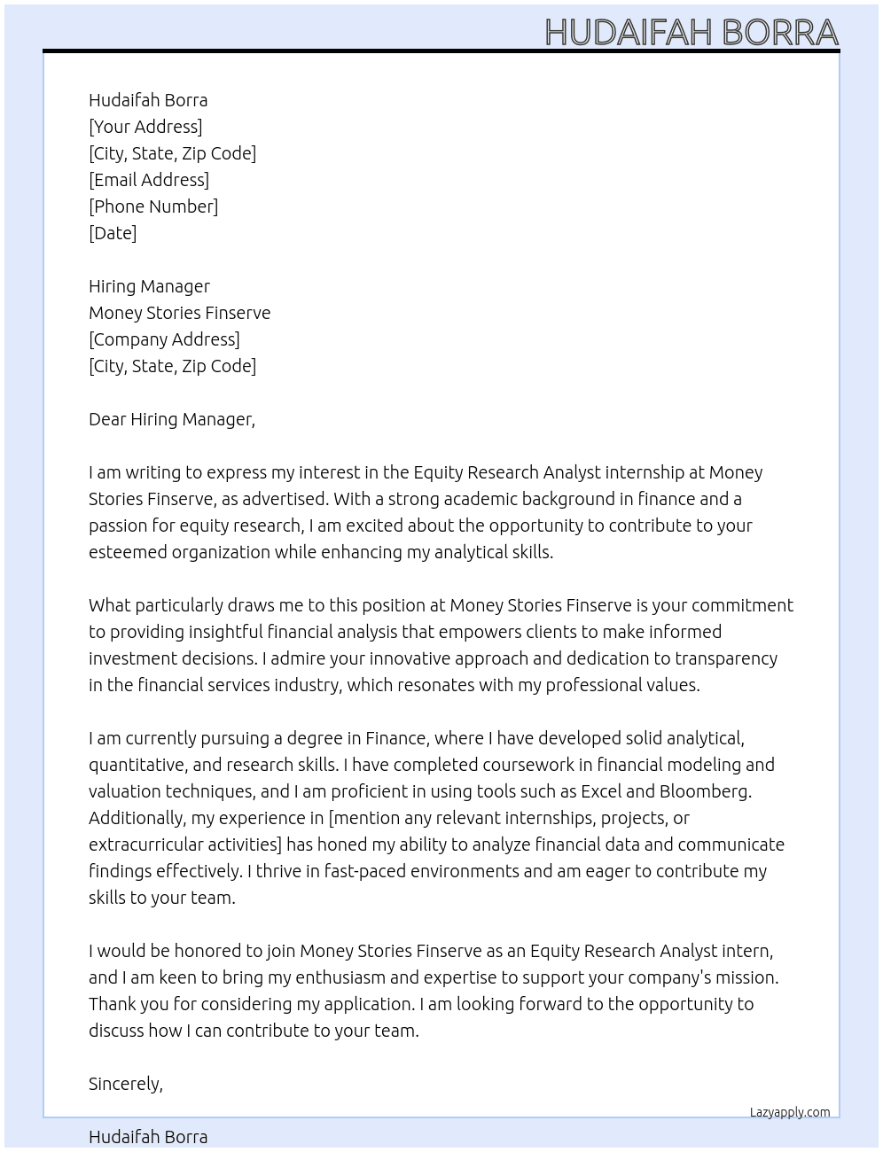 Equity Research Analyst internship At Money Stories Finserve Cover Letter