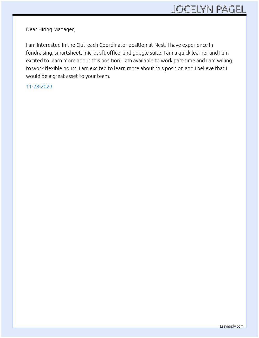 Outreach Coordinator At Nest Cover Letter
