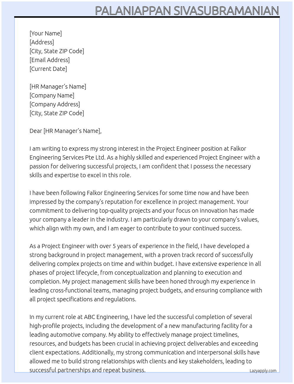 Project Engineer At Falkor Engineering Services Pte Ltd Cover Letter