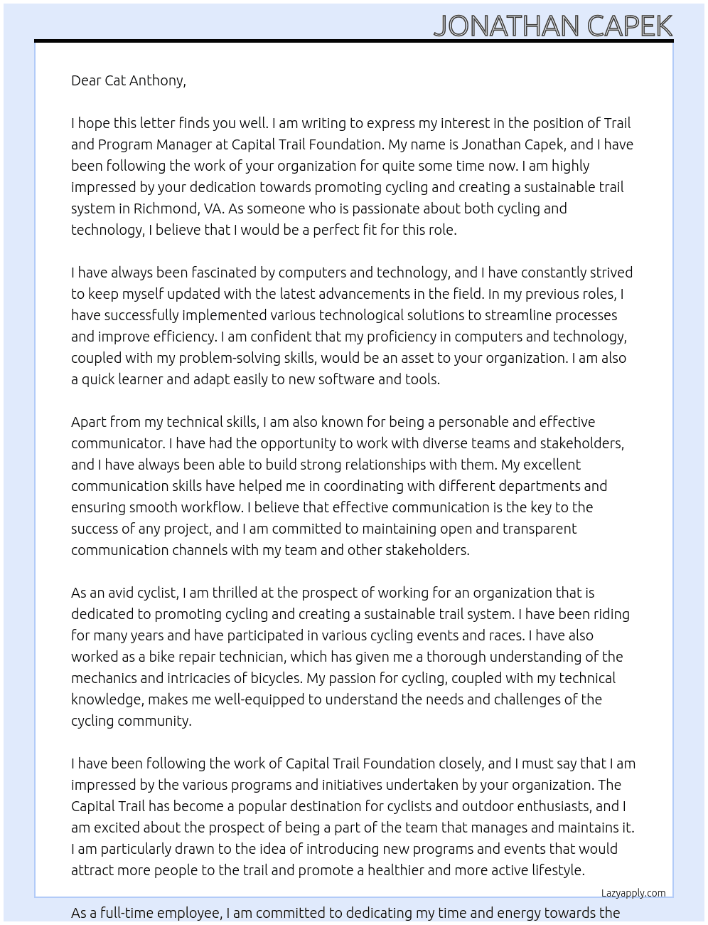 Trail and program manager At Capital Trail Foundation Cover Letter