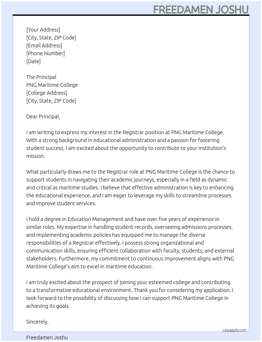 Registrar  At PNG Maritime College  Cover Letter