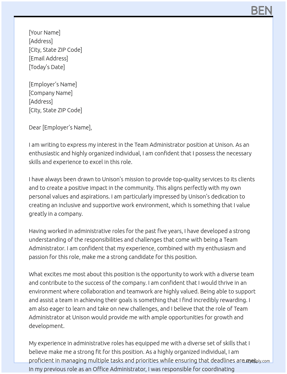 Team Administrator At Unison Cover Letter