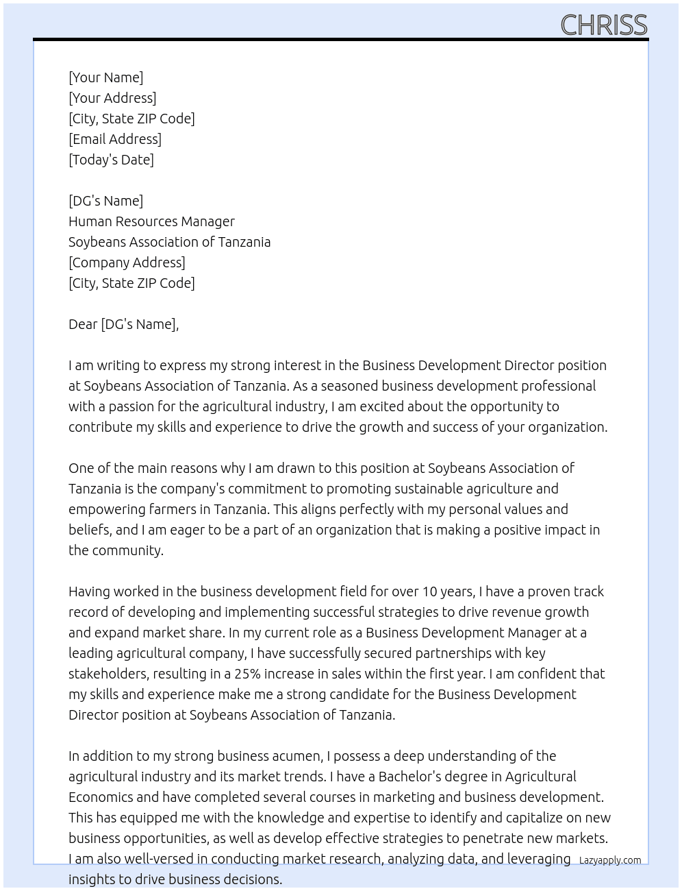 Business Development Director  At Soybeans Association of Tanzania Cover Letter