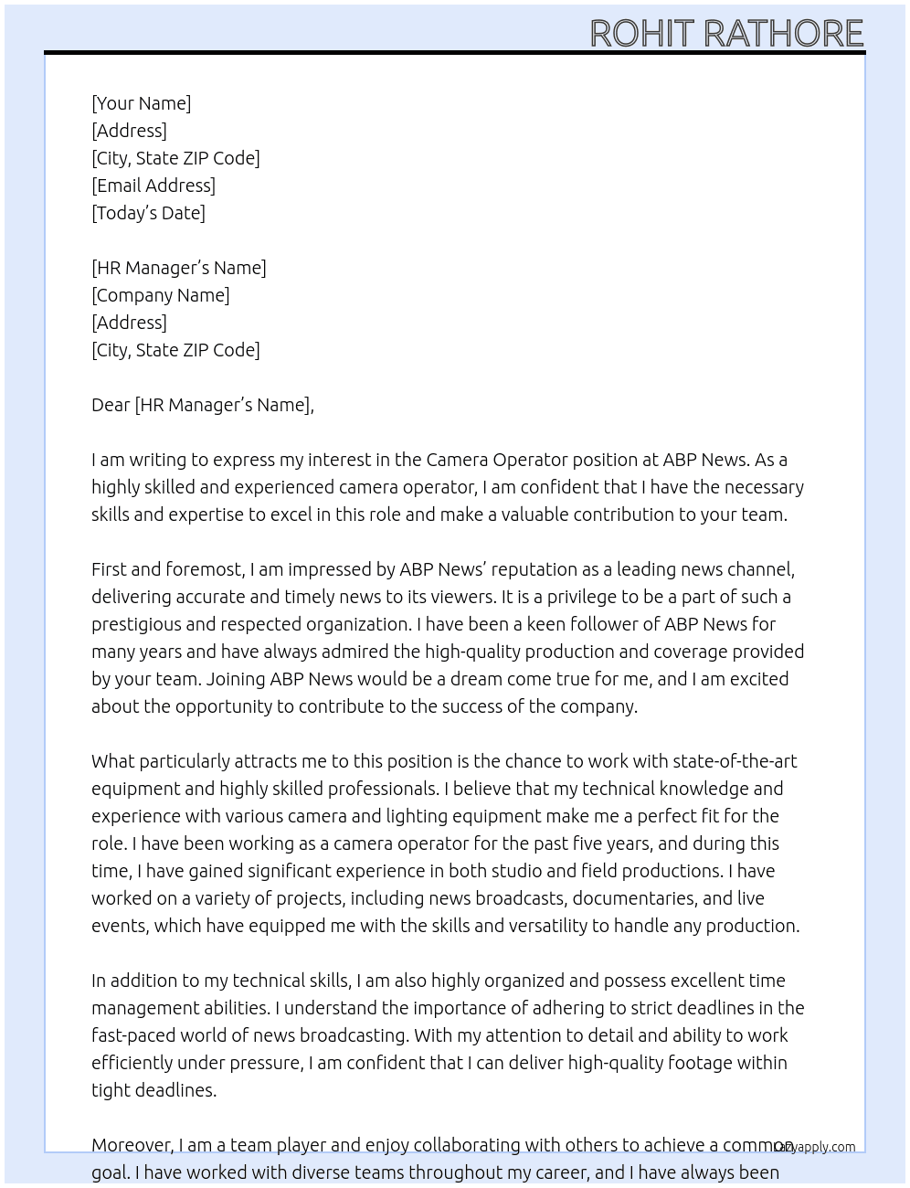 Camera Operator At ABP News Cover Letter