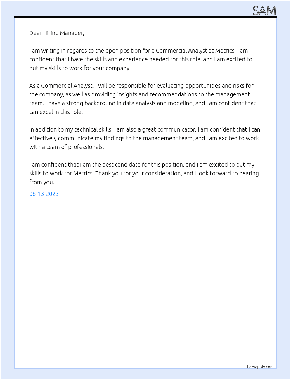 Commercial analyst At Metrics Cover Letter