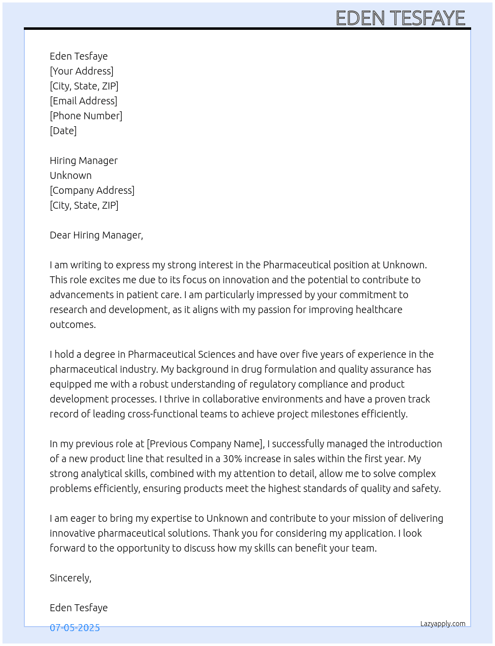 Pharmaceutical  At Unknown Cover Letter