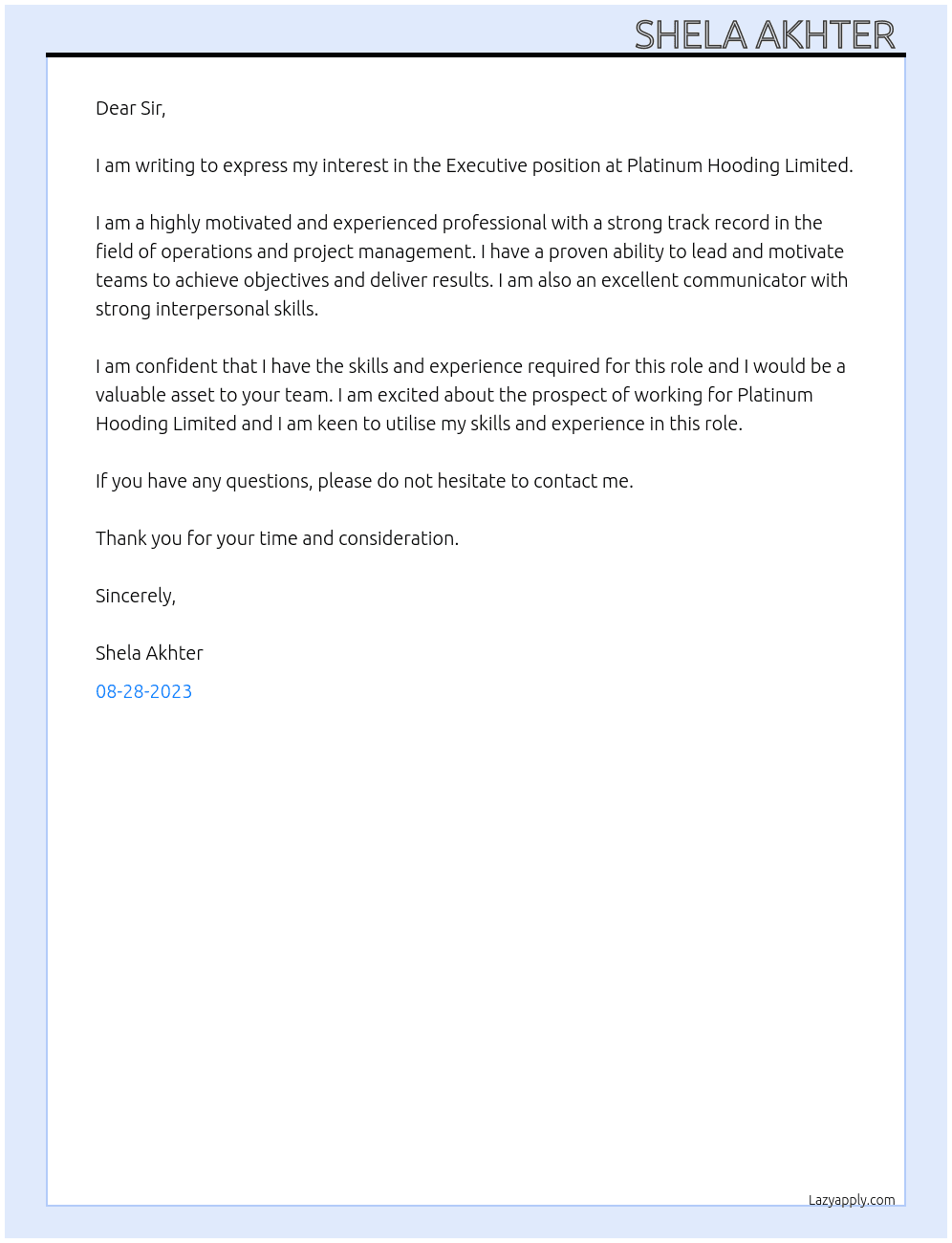Executive  At Platinum Hooding Limited  Cover Letter