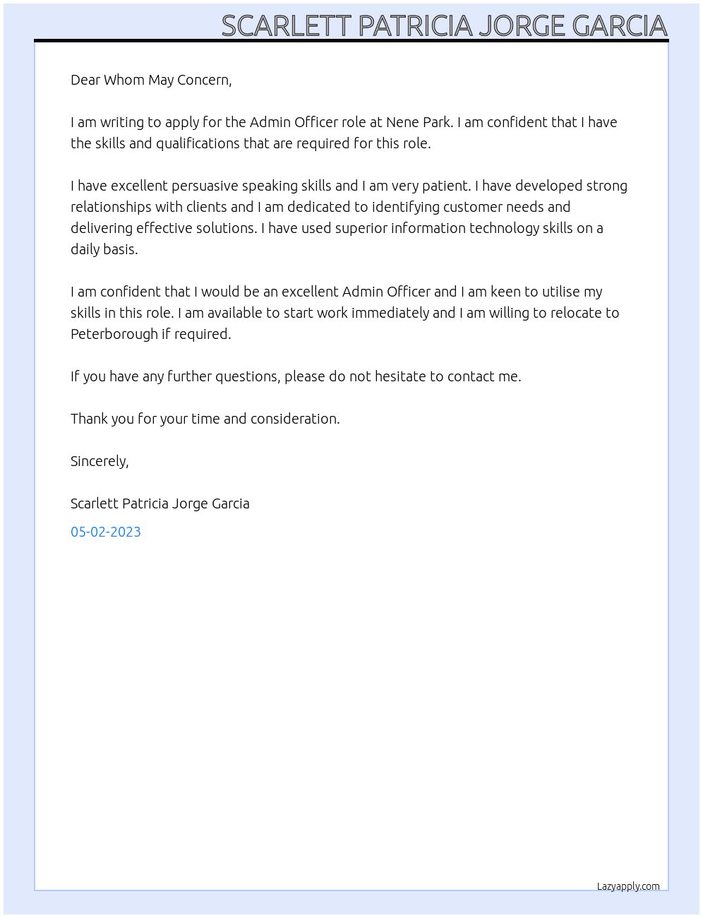 Admin Officer At Nene Park Cover Letter