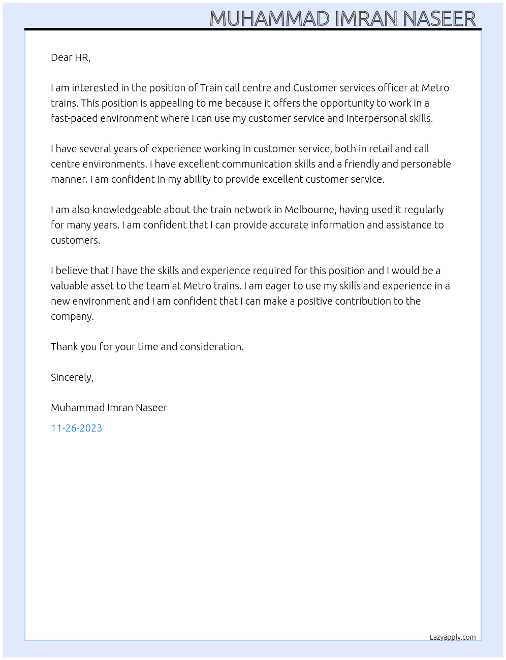 Train call centre and Customer services officer  At Metro trains Cover Letter