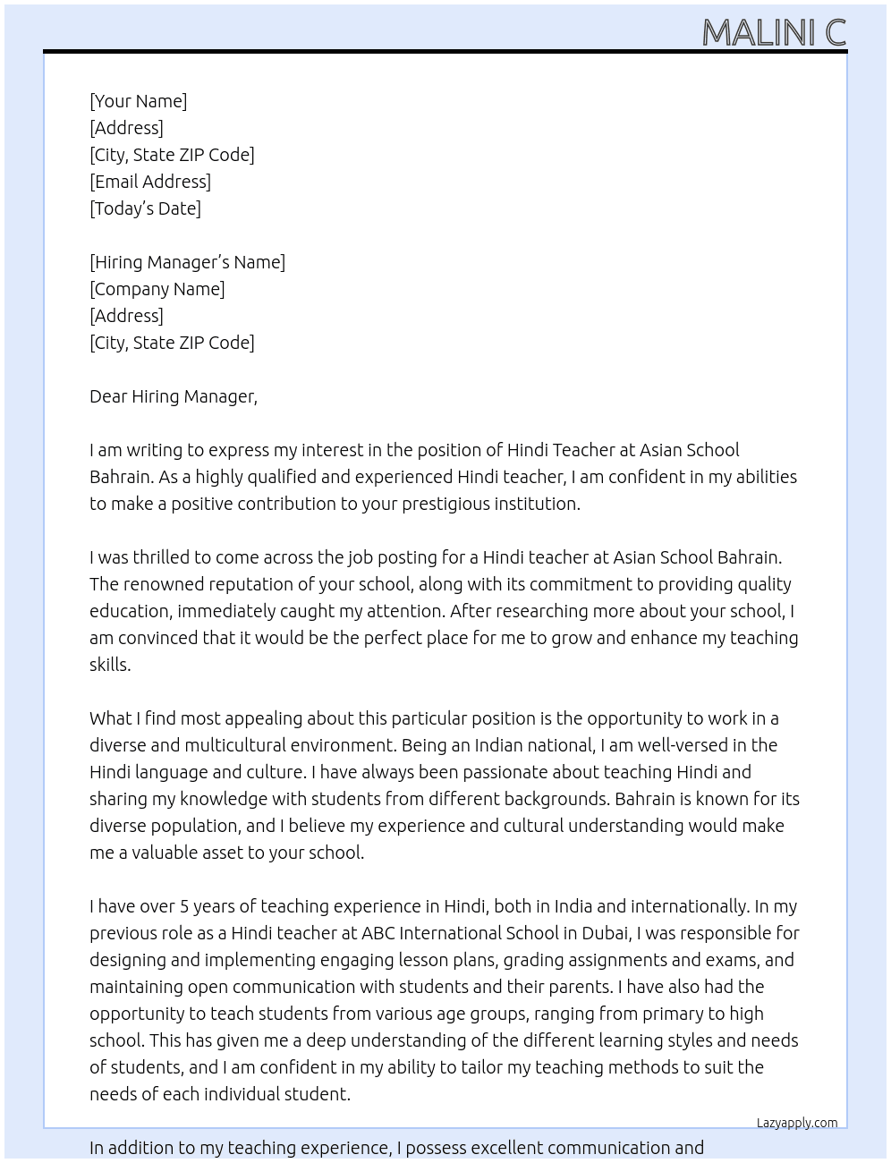 Hindi teacher  At Asian school Bahrain  Cover Letter