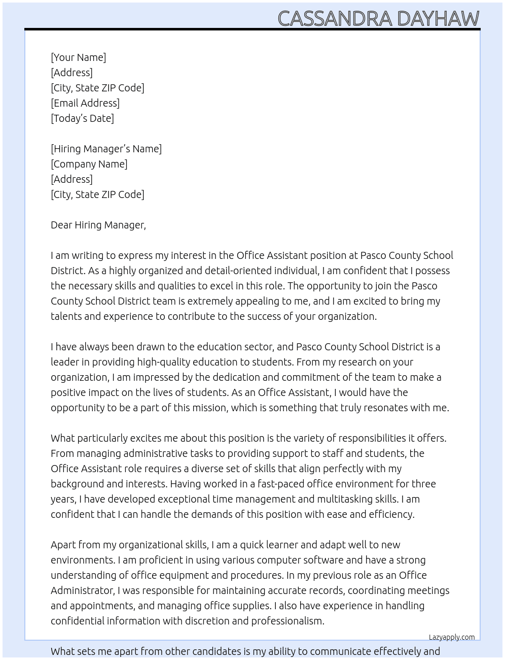Office Assistant At Pasco County School District Cover Letter