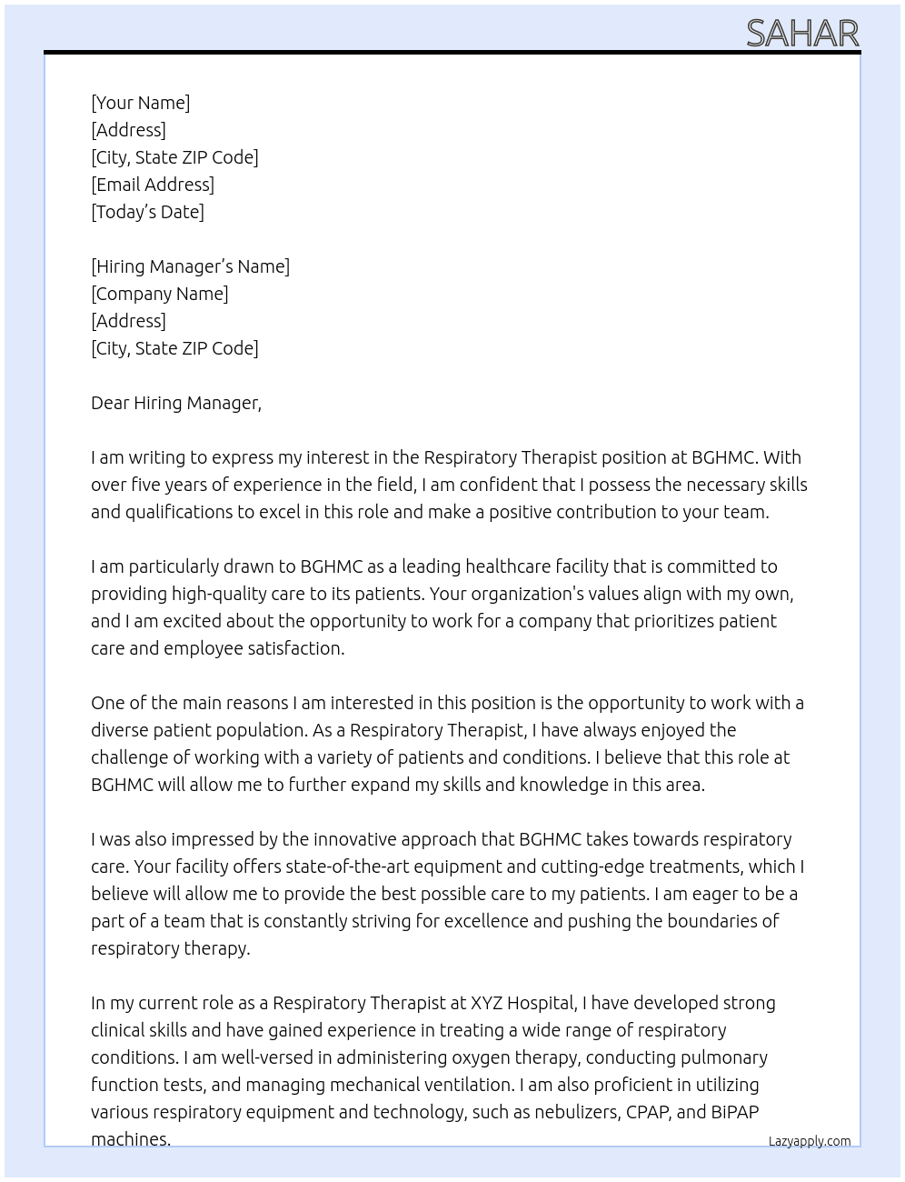 Respiratory Therapist  At BGHMC Cover Letter