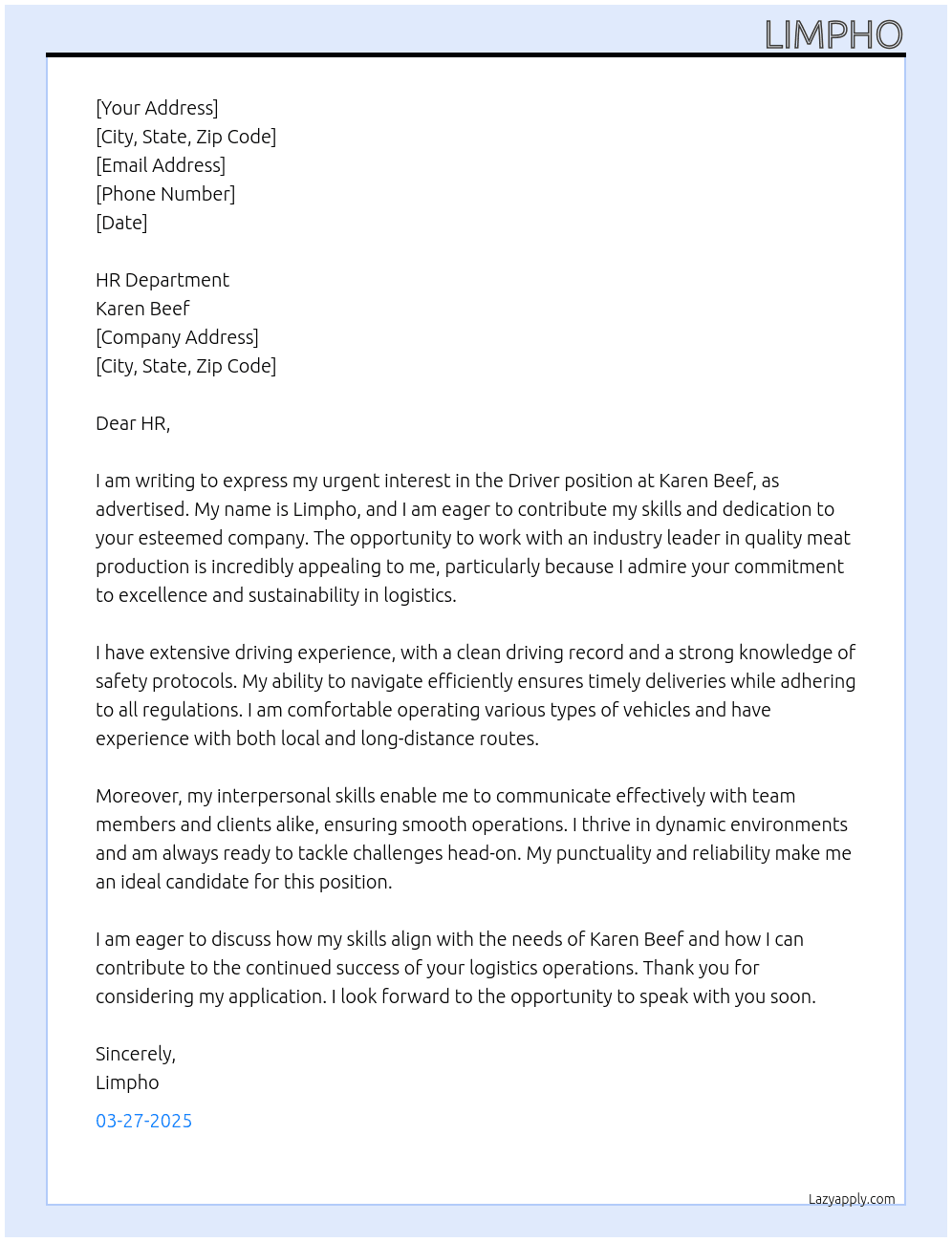driver At karen beef Cover Letter