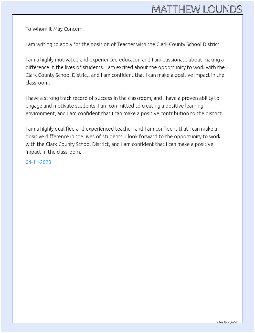 Teacher At Clark County School District Cover Letter