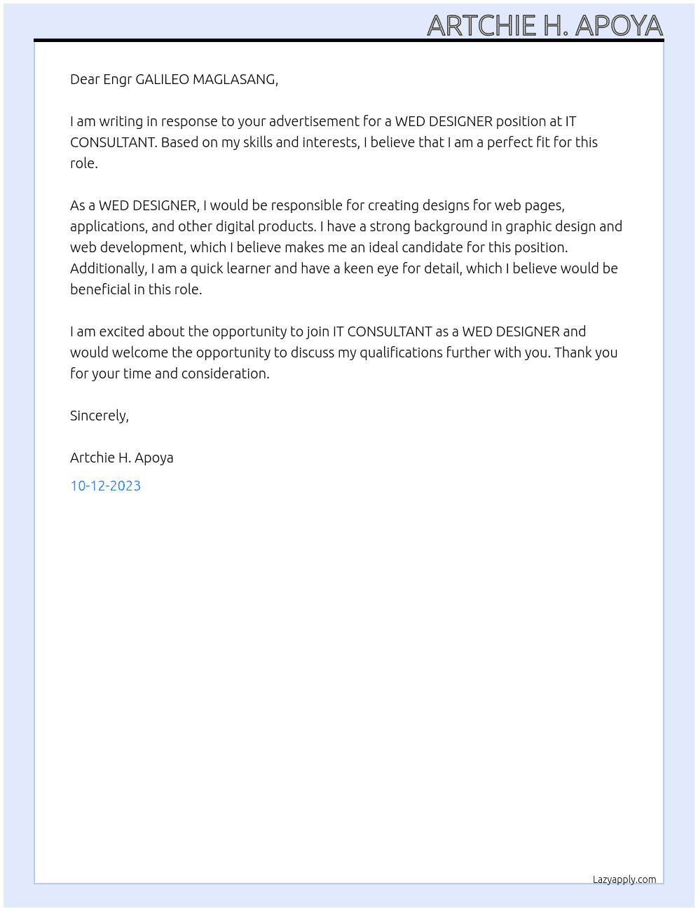 WED DESINGNER At IT CONSOLTANT Cover Letter