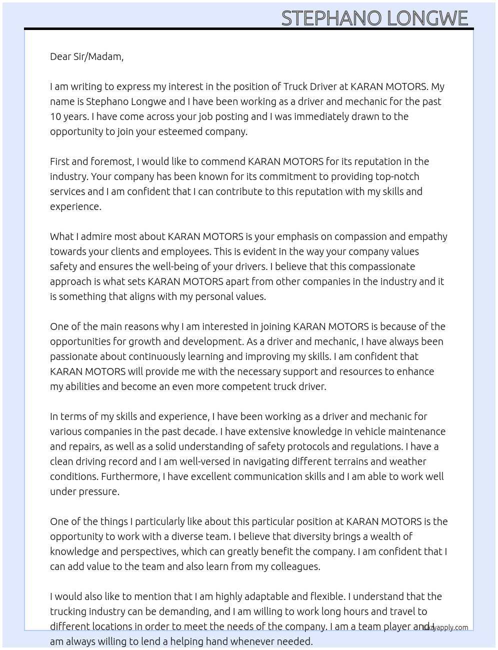 Truck driver  At KARAN MOTORS  Cover Letter