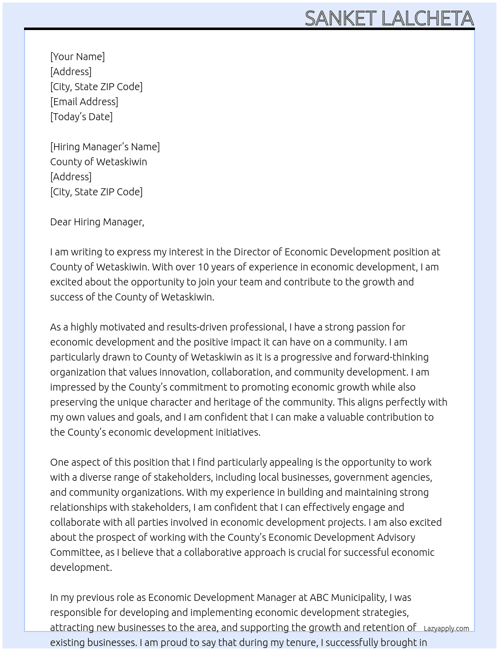 Director, Economic Development At County of Wetaskiwin Cover Letter
