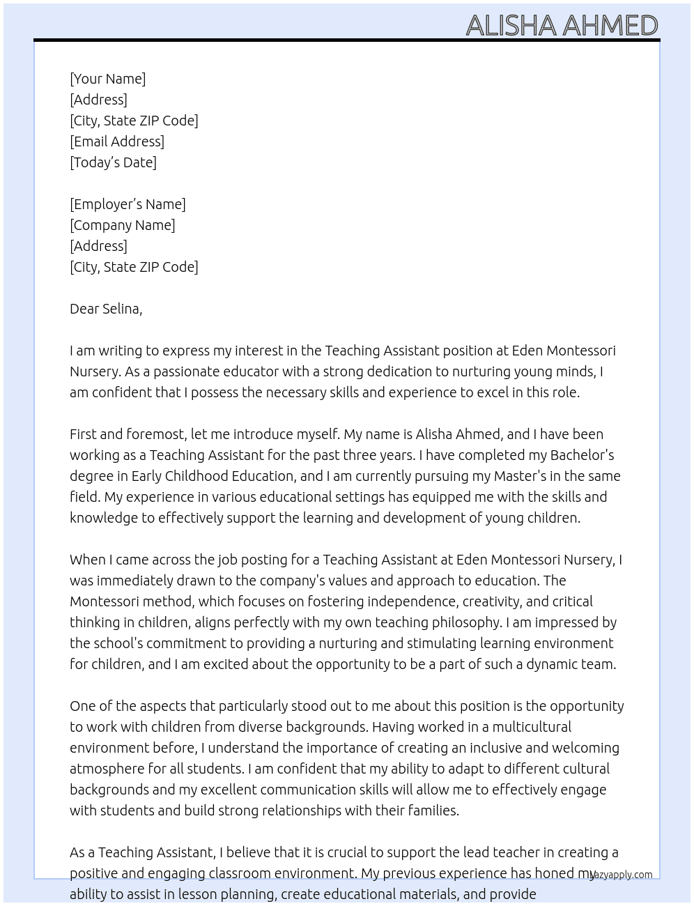 Teaching Assistant  At Eden Montessori Nursery  Cover Letter