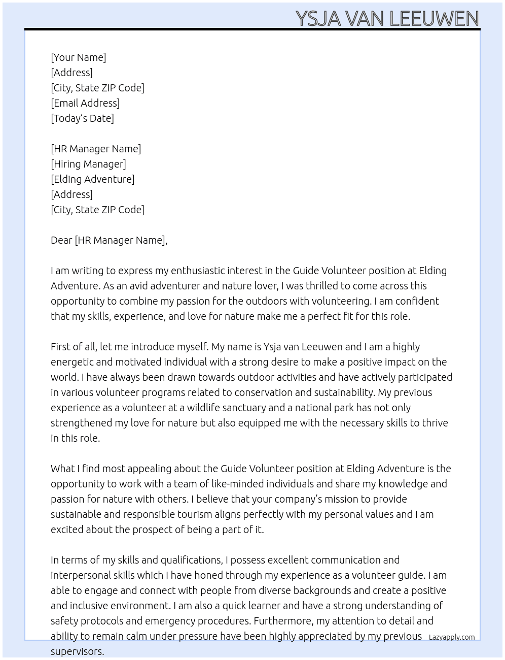 Guide Volunteer At Elding Adventure Cover Letter