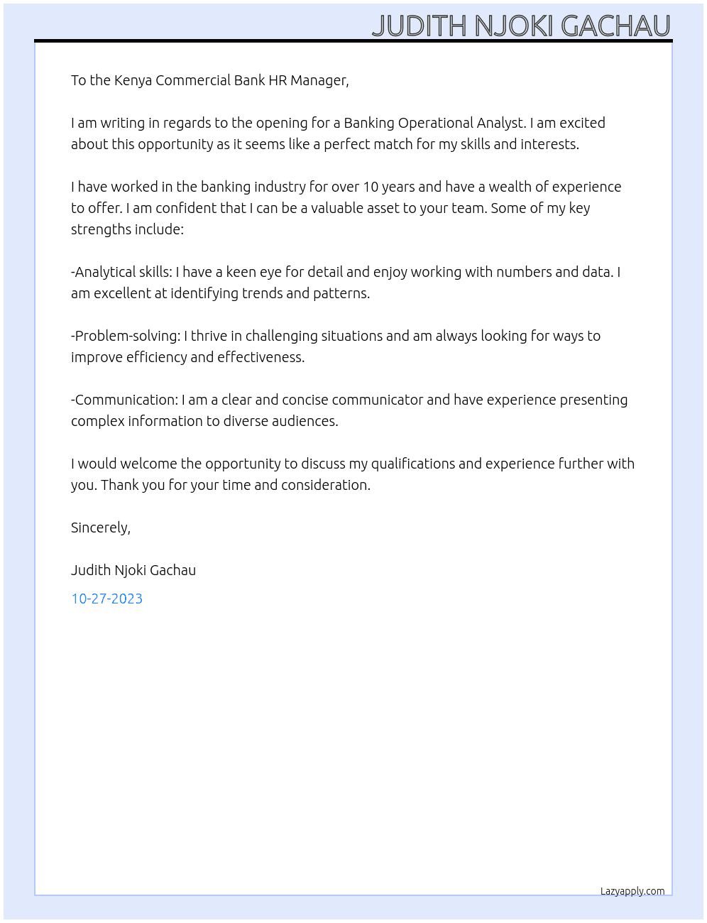 banking operational analyst At kenya commercial bank Cover Letter