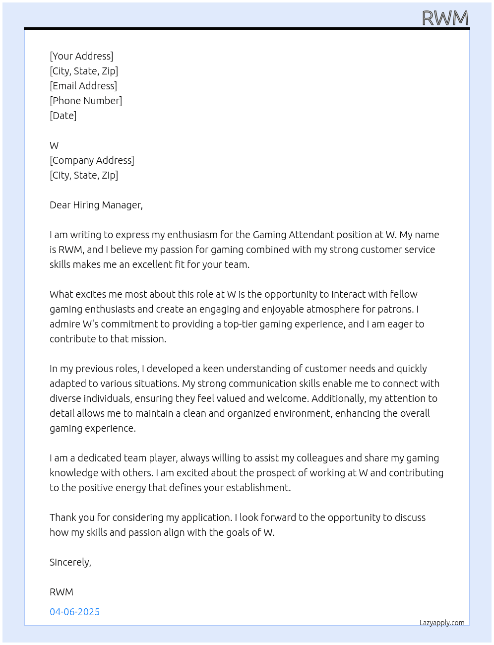 Cover letter for gaming attendant - LazyApply