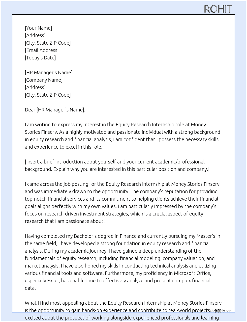 Equity research  At Money stories finserv Cover Letter