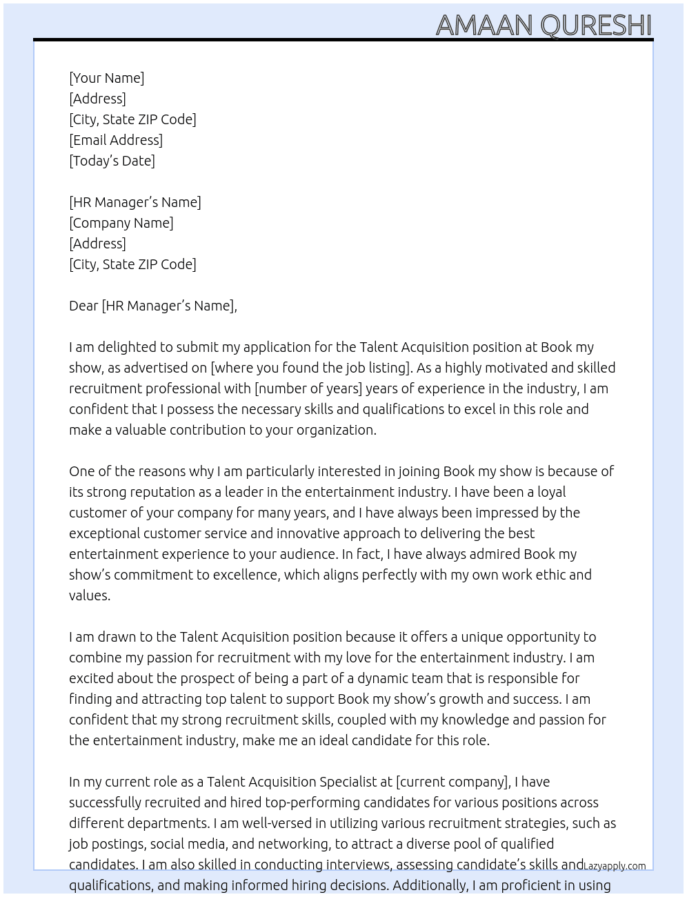 Talent Acquisition At Book my show Cover Letter
